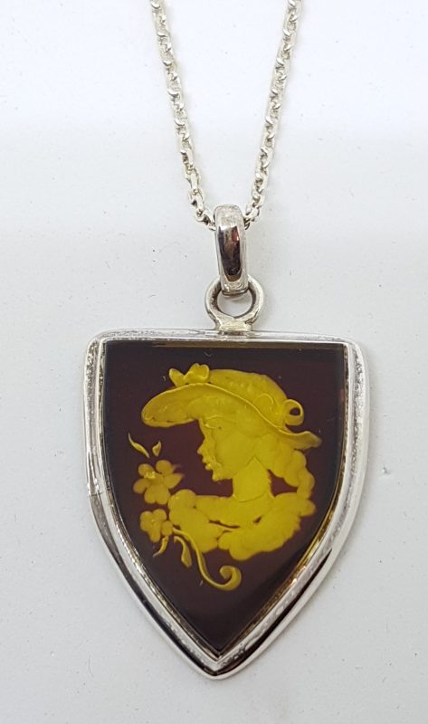Sterling Silver Natural Amber Carved Lady with Flowers Cameo Shield Pendant on Sterling Silver Chain