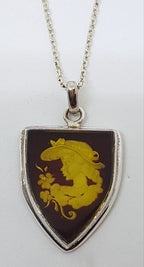 Sterling Silver Natural Amber Carved Lady with Flowers Cameo Shield Pendant on Sterling Silver Chain