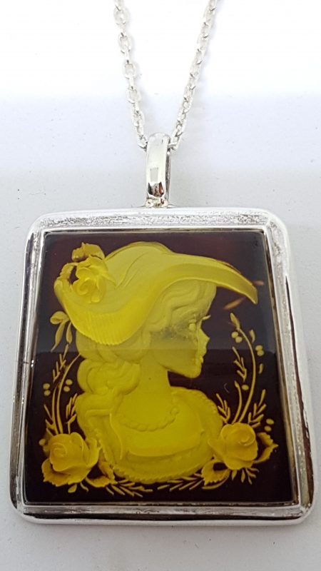 Sterling Silver Natural Amber Carved Lady with Hat &amp; Roses Cameo Brooch / Pendant on Sterling Silver Chain