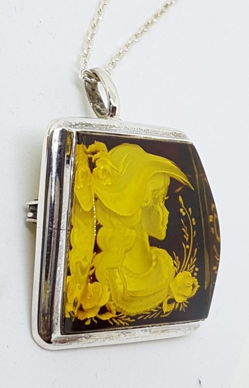 Sterling Silver Natural Amber Carved Lady with Hat &amp; Roses Cameo Brooch / Pendant on Sterling Silver Chain