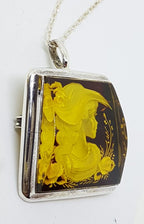 Sterling Silver Natural Amber Carved Lady with Hat &amp; Roses Cameo Brooch / Pendant on Sterling Silver Chain