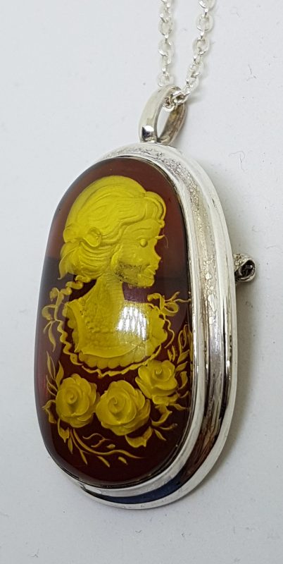 Sterling Silver Natural Amber Carved Lady with Roses Oval Cameo Brooch / Pendant on Sterling Silver Chain