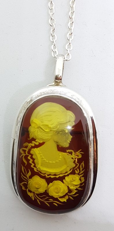 Sterling Silver Natural Amber Carved Lady with Roses Oval Cameo Brooch / Pendant on Sterling Silver Chain