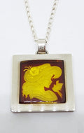Sterling Silver Natural Amber Carved Girl with Hat Cameo Large Square Pendant on Sterling Silver Chain