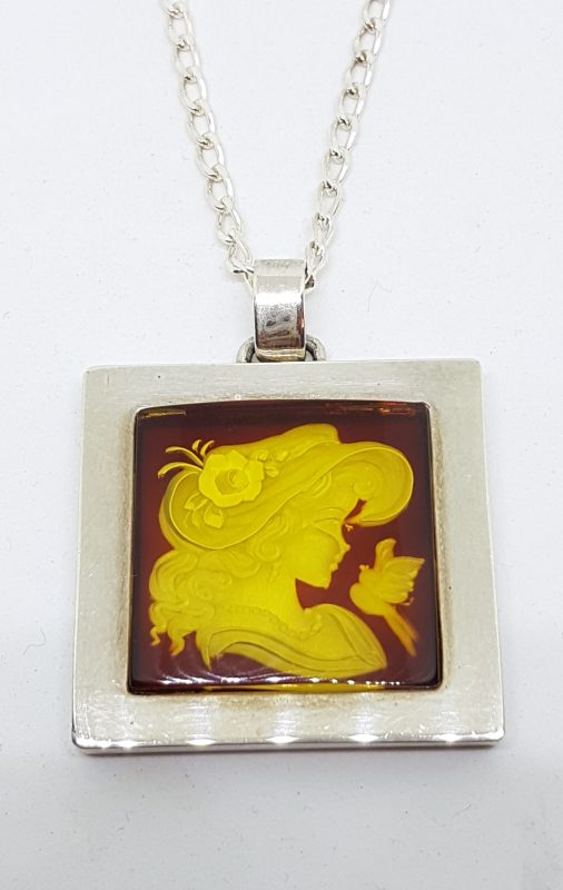 Sterling Silver Natural Amber Carved Girl with Hat Cameo Large Square Pendant on Sterling Silver Chain