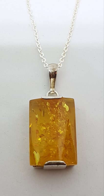 Sterling Silver Rectangular Natural Amber Pendant on Sterling Silver Chain