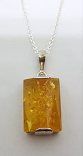 Sterling Silver Rectangular Natural Amber Pendant on Sterling Silver Chain