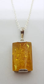 Sterling Silver Rectangular Natural Amber Pendant on Sterling Silver Chain