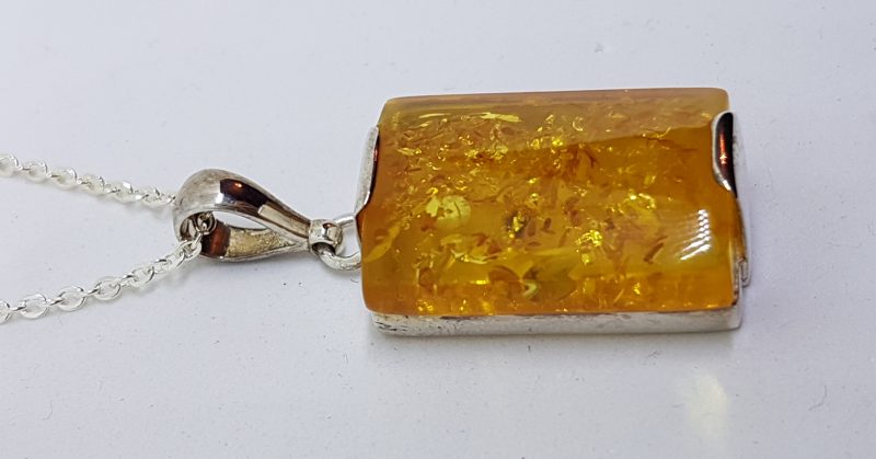Sterling Silver Rectangular Natural Amber Pendant on Sterling Silver Chain