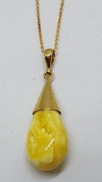 9ct Yellow Gold Natural Butter Amber Drop Pendant on 9ct Chain
