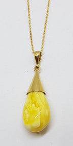 9ct Yellow Gold Natural Butter Amber Drop Pendant on 9ct Chain