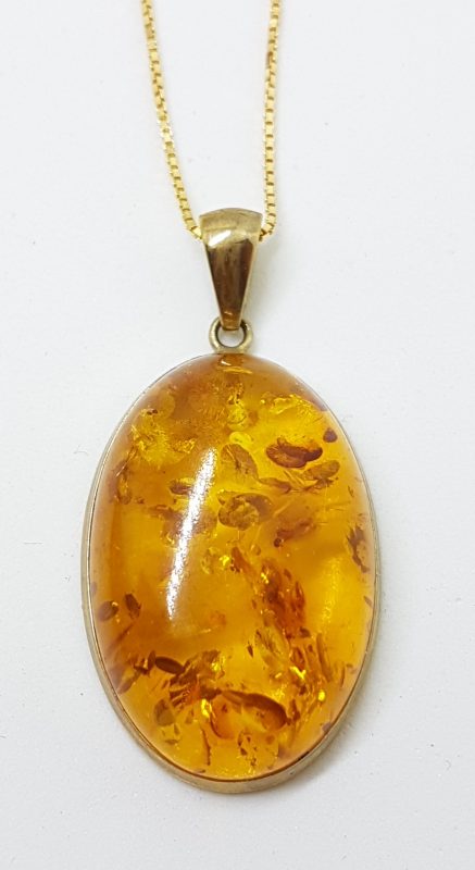 9ct Yellow Gold Natural Amber Large Oval Pendant on 9ct Chain