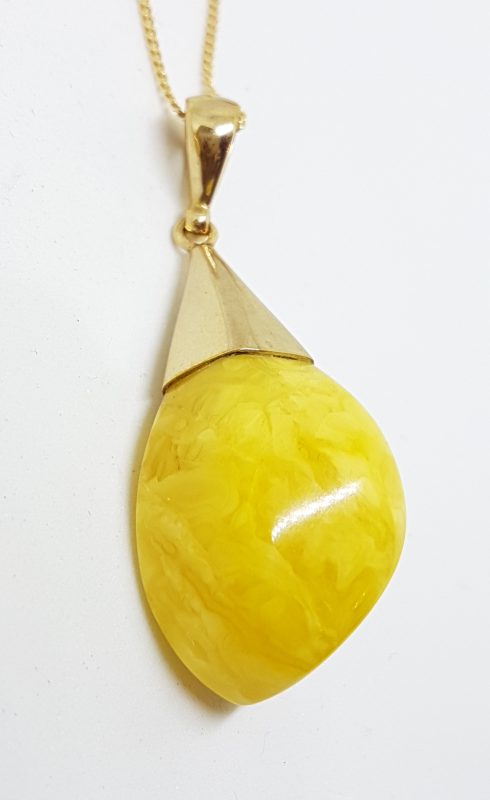 9ct Yellow Gold Natural Butter Amber Drop Pendant on 9ct Chain