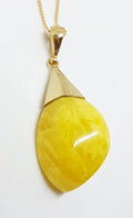 9ct Yellow Gold Natural Butter Amber Drop Pendant on 9ct Chain