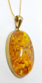 9ct Yellow Gold Natural Amber Large Oval Pendant on 9ct Chain