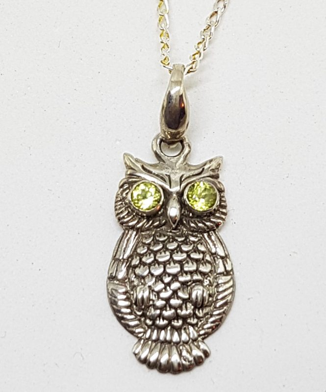 Sterling Silver Peridot Owl Pendant on Silver Chain