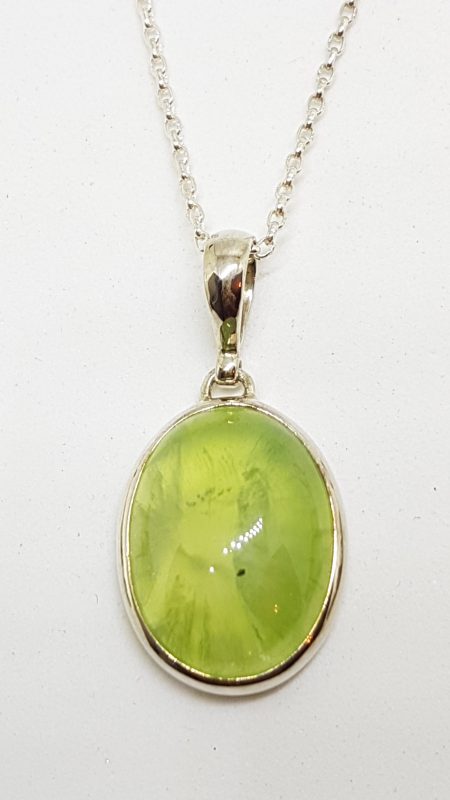 Sterling Silver Oval Cabochon Cut Prehnite Pendant on Silver Chain