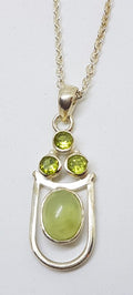 Sterling Silver Oval Cabochon Cut Prehnite with Peridot Pendant on Silver Chain