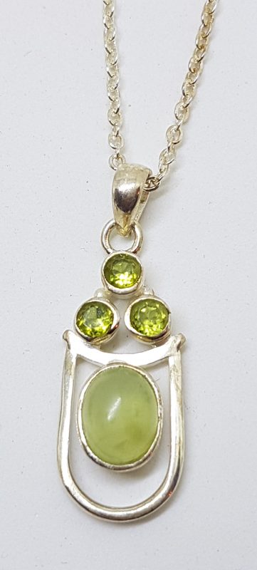 Sterling Silver Oval Cabochon Cut Prehnite with Peridot Pendant on Silver Chain