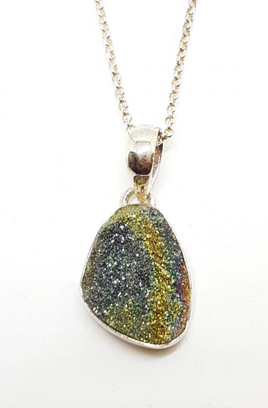 Sterling Silver Multi-Coloured Spectrolite Druzy Pendant on Silver Chain