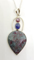 Sterling Silver Large Ruby Zoisite, Cabochon Cut Kyanite and Ruby Pendant on Silver Chain