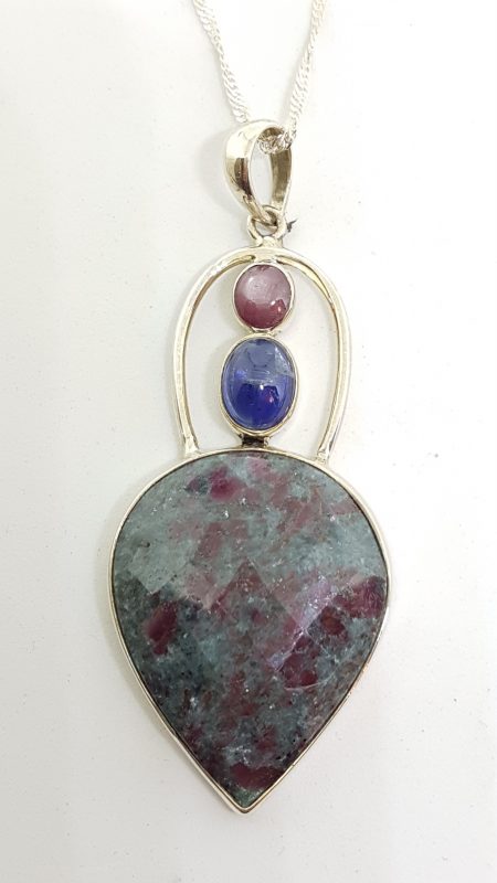 Sterling Silver Large Ruby Zoisite, Cabochon Cut Kyanite and Ruby Pendant on Silver Chain