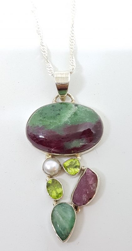 Sterling Silver Large Ruby Zoisite, Ruby, Emerald, Peridot &amp; Pearl Pendant on Silver Chain