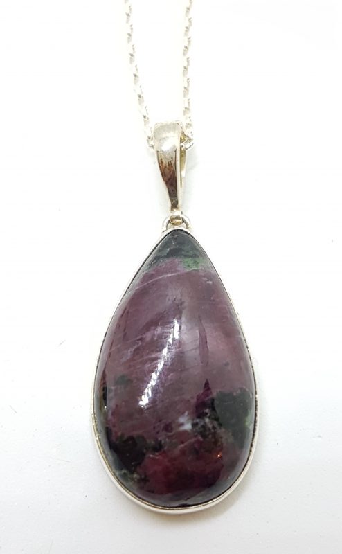 Sterling Silver Ruby Zoisite Teardrop Shape Pendant on Silver Chain