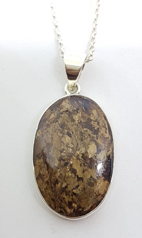Sterling Silver Large Oval Bronzite Pendant on Silver Chain