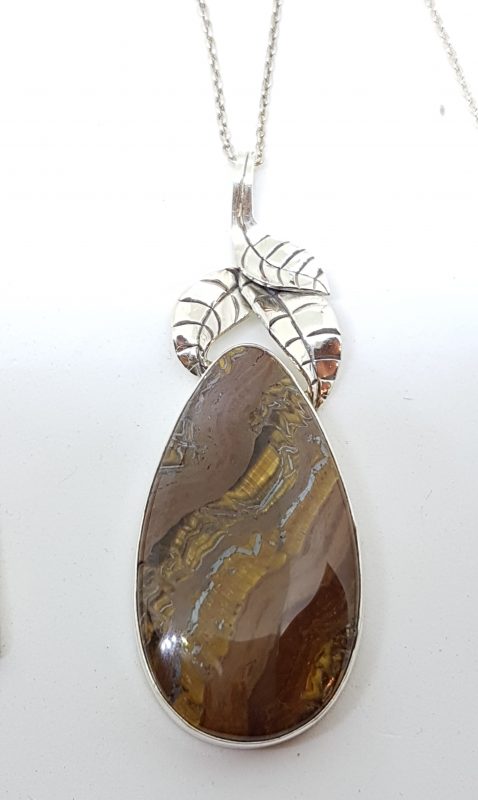 Sterling Silver Large Tiger Iron Leaf Design Pendant on Silver Chain
