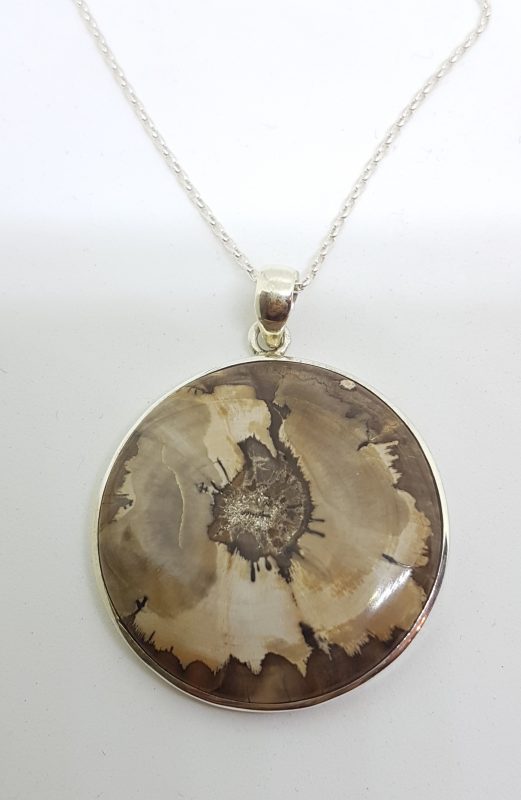 Sterling Silver Large Round Coffee Jasper Pendant on Silver Chain
