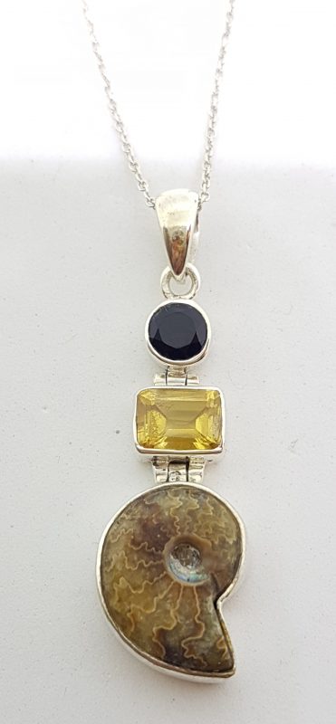 Sterling Silver Ammonite, Smokey Quartz and Citrine Drop Pendant on Silver Chain