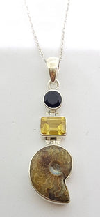 Sterling Silver Ammonite, Smokey Quartz and Citrine Drop Pendant on Silver Chain