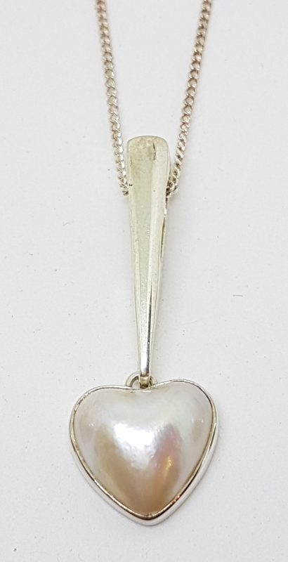 Sterling Silver Mabe Pearl Long Heart Drop Pendant on Chain