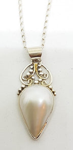 Sterling Silver Teardrop Shape Mabe Pearl Ornate Pendant on Chain