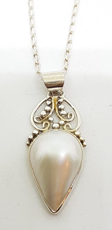 Sterling Silver Teardrop Shape Mabe Pearl Ornate Pendant on Chain