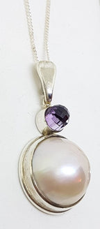 Sterling Silver Mabe Pearl & Amethyst Pendant on Chain