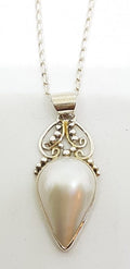 Sterling Silver Teardrop Shape Mabe Pearl Ornate Pendant on Chain