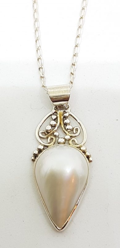 Sterling Silver Teardrop Shape Mabe Pearl Ornate Pendant on Chain