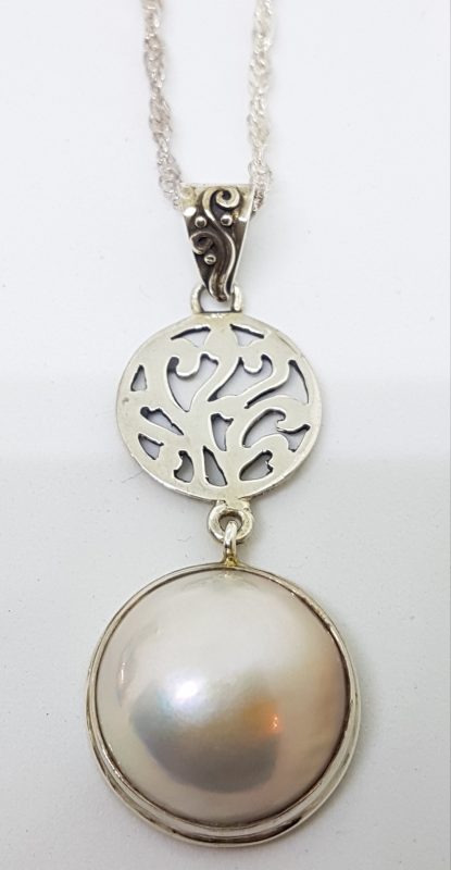 Sterling Silver Mabe Pearl Long Ornate Pendant on Chain