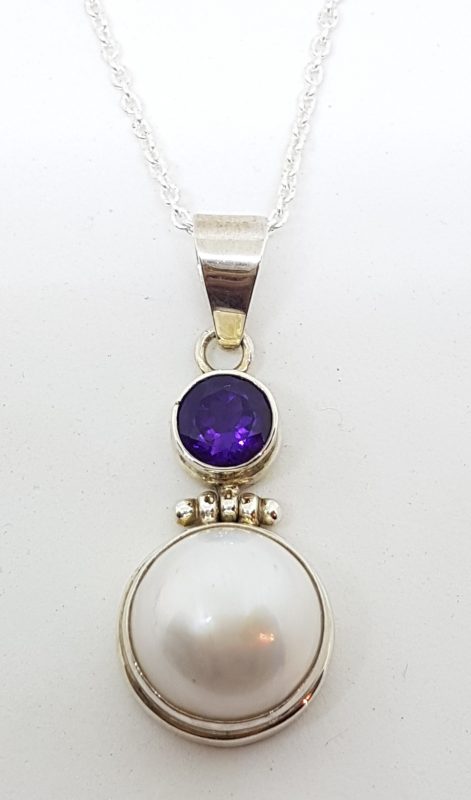 Sterling Silver Mabe Pearl &amp; Amethyst Drop Pendant on Chain