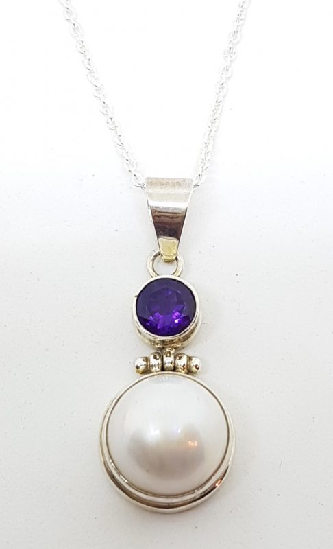Sterling Silver Mabe Pearl &amp; Amethyst Drop Pendant on Chain