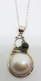 Sterling Silver Mabe Pearl Green Tourmaline Ornate Pendant on Chain