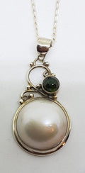 Sterling Silver Mabe Pearl Green Tourmaline Ornate Pendant on Chain