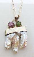Sterling Silver Pearl, Pink &amp; Green Tourmaline Pendant on Chain
