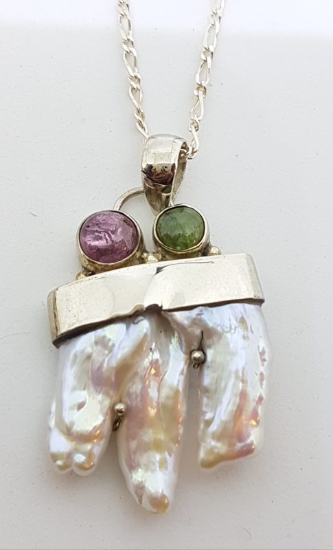 Sterling Silver Pearl, Pink &amp; Green Tourmaline Pendant on Chain