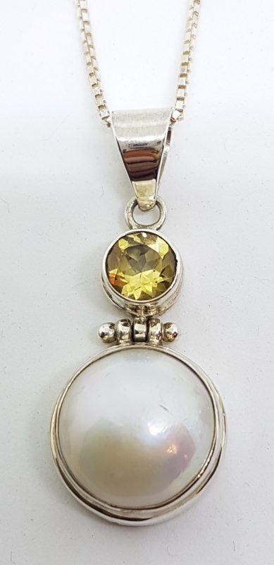 Sterling Silver Mabe Pearl &amp; Citrine Pendant on Chain