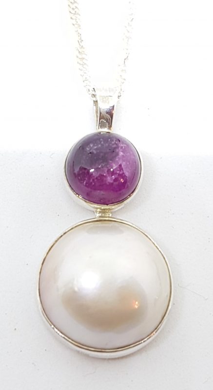 Sterling Silver Mabe Pearl &amp; Pink Tourmaline Pendant on Chain
