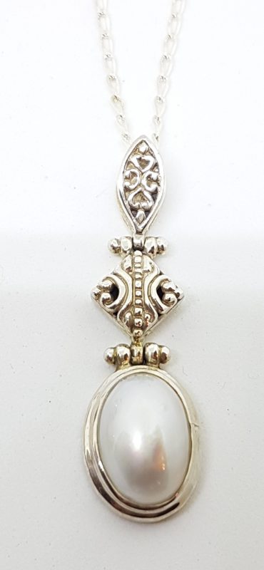 Sterling Silver Pearl Ornate Filigree Long Drop Pendant on Chain