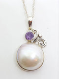 Sterling Silver Mabe Pearl &amp; Amethyst Filigree Pendant on Silver Chain
